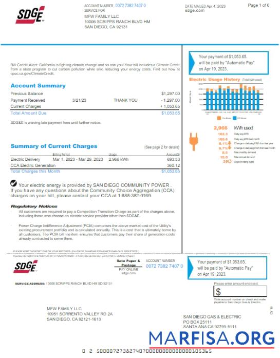 Blank USA SDGE utility bill Word and PDF template